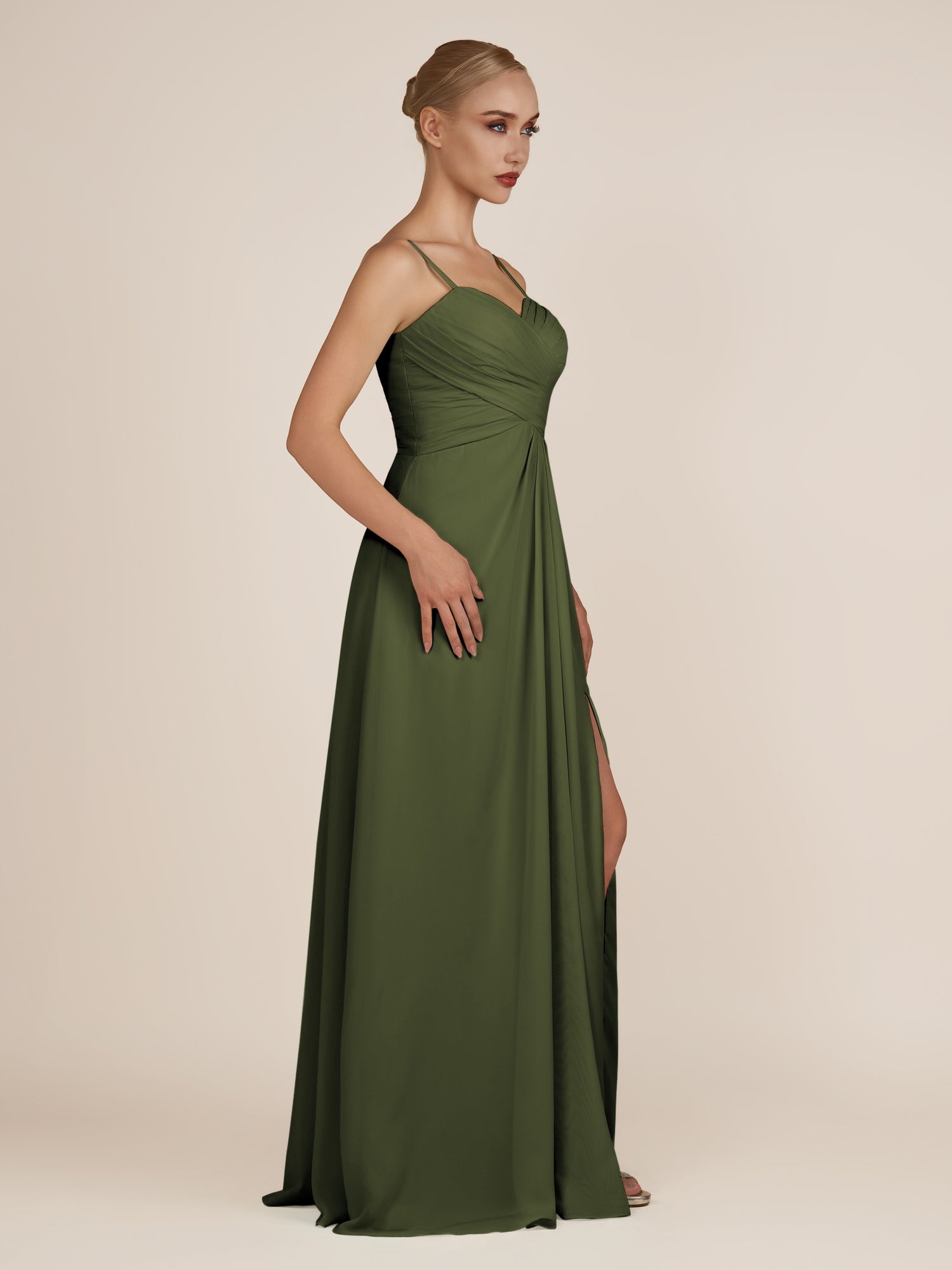KissDress-Ysolina Olive A Line Sweetheart Chiffon Pleated Long Bridesmaid Dress with Slit