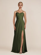 KissDress-Ysolina Olive A Line Sweetheart Chiffon Pleated Long Bridesmaid Dress with Slit
