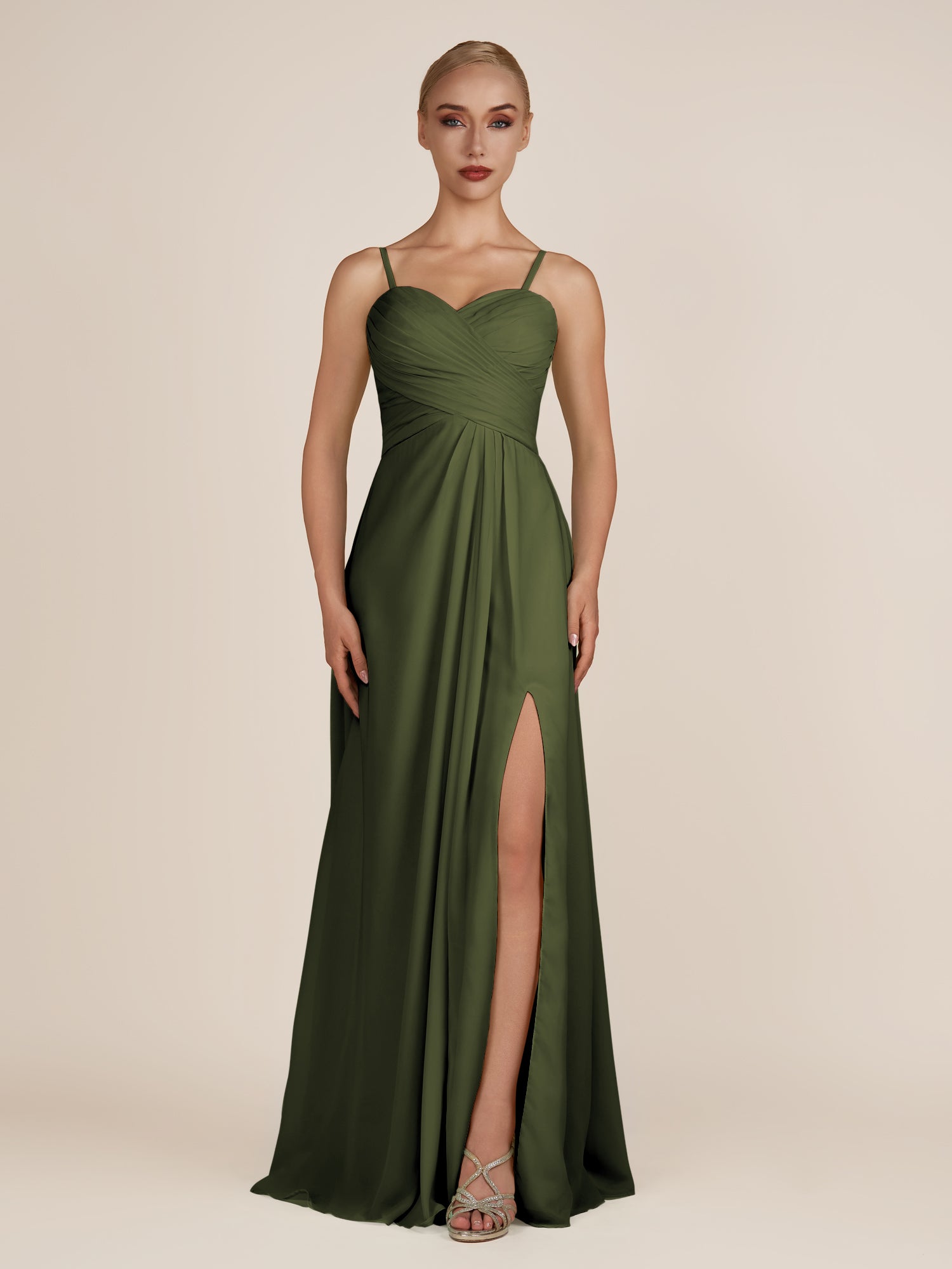 KissDress-Ysolina Olive A Line Sweetheart Chiffon Pleated Long Bridesmaid Dress with Slit