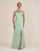 KissDress-Ysolina Pale Pistachio A Line Sweetheart Chiffon Pleated Long Bridesmaid Dress with Slit