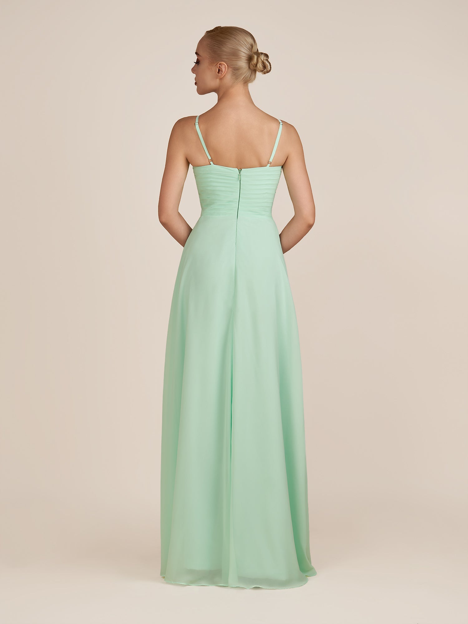 KissDress-Ysolina Pale Pistachio A Line Sweetheart Chiffon Pleated Long Bridesmaid Dress with Slit