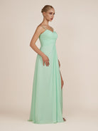 KissDress-Ysolina Pale Pistachio A Line Sweetheart Chiffon Pleated Long Bridesmaid Dress with Slit