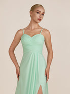 KissDress-Ysolina Pale Pistachio A Line Sweetheart Chiffon Pleated Long Bridesmaid Dress with Slit