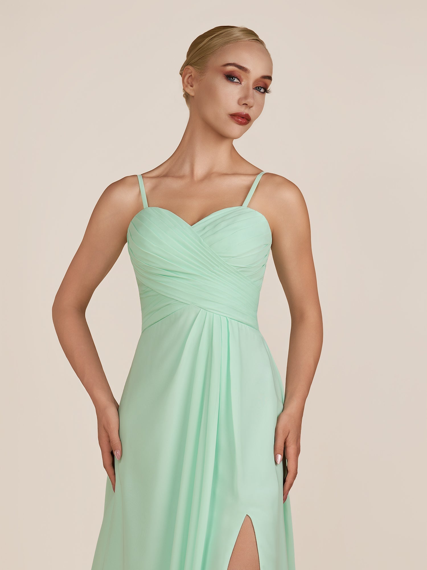 KissDress-Ysolina Pale Pistachio A Line Sweetheart Chiffon Pleated Long Bridesmaid Dress with Slit
