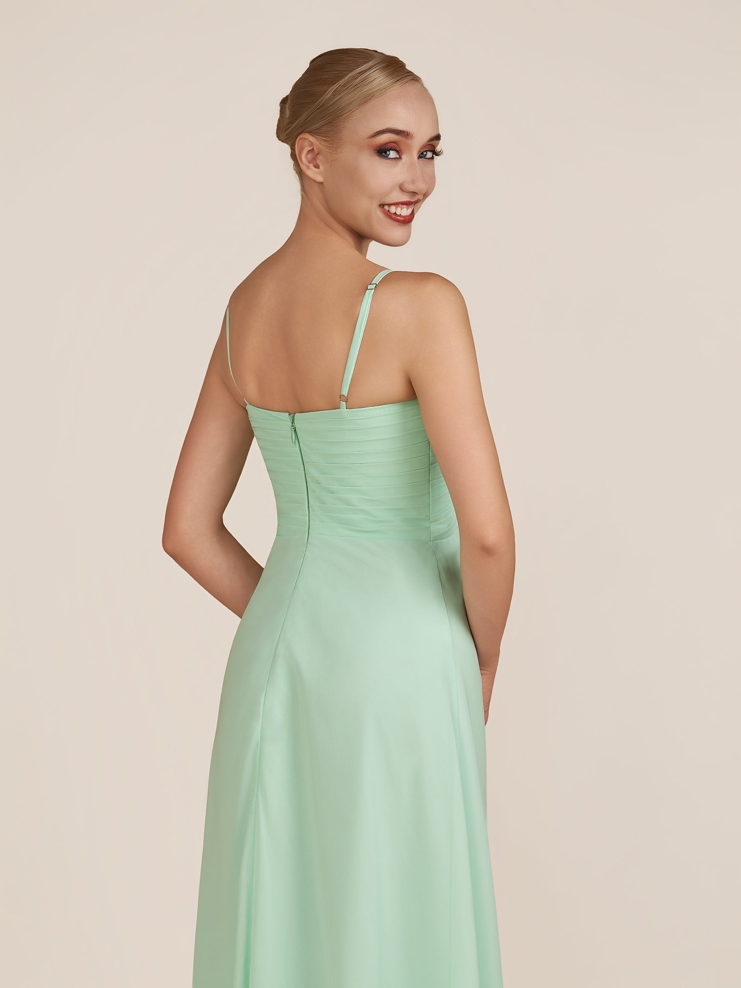 KissDress-Ysolina Pale Pistachio A Line Sweetheart Chiffon Pleated Long Bridesmaid Dress with Slit