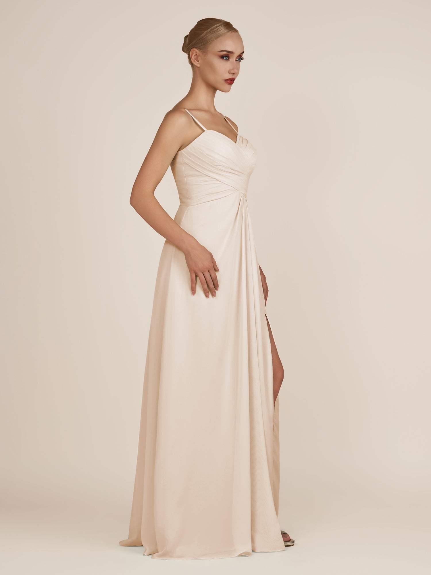 KissDress-Ysolina Pale Blush A Line Sweetheart Chiffon Pleated Long Bridesmaid Dress with Slit