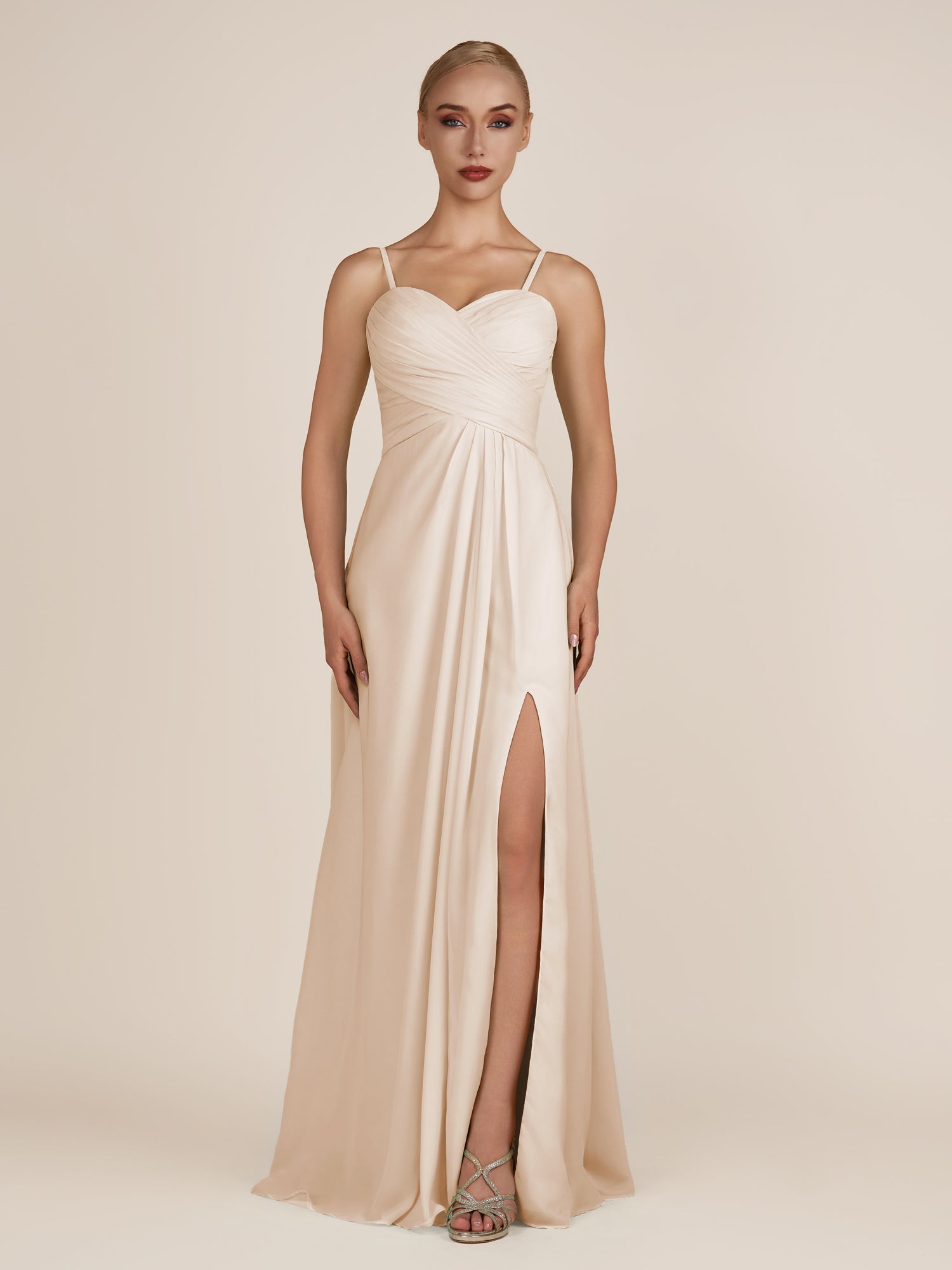 KissDress-Ysolina Pale Blush A Line Sweetheart Chiffon Pleated Long Bridesmaid Dress with Slit