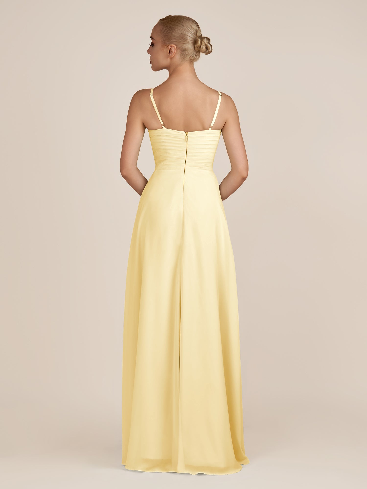 KissDress-Ysolina Pastel Yellow A Line Sweetheart Chiffon Pleated Long Bridesmaid Dress with Slit