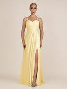 KissDress-Ysolina Pastel Yellow A Line Sweetheart Chiffon Pleated Long Bridesmaid Dress with Slit