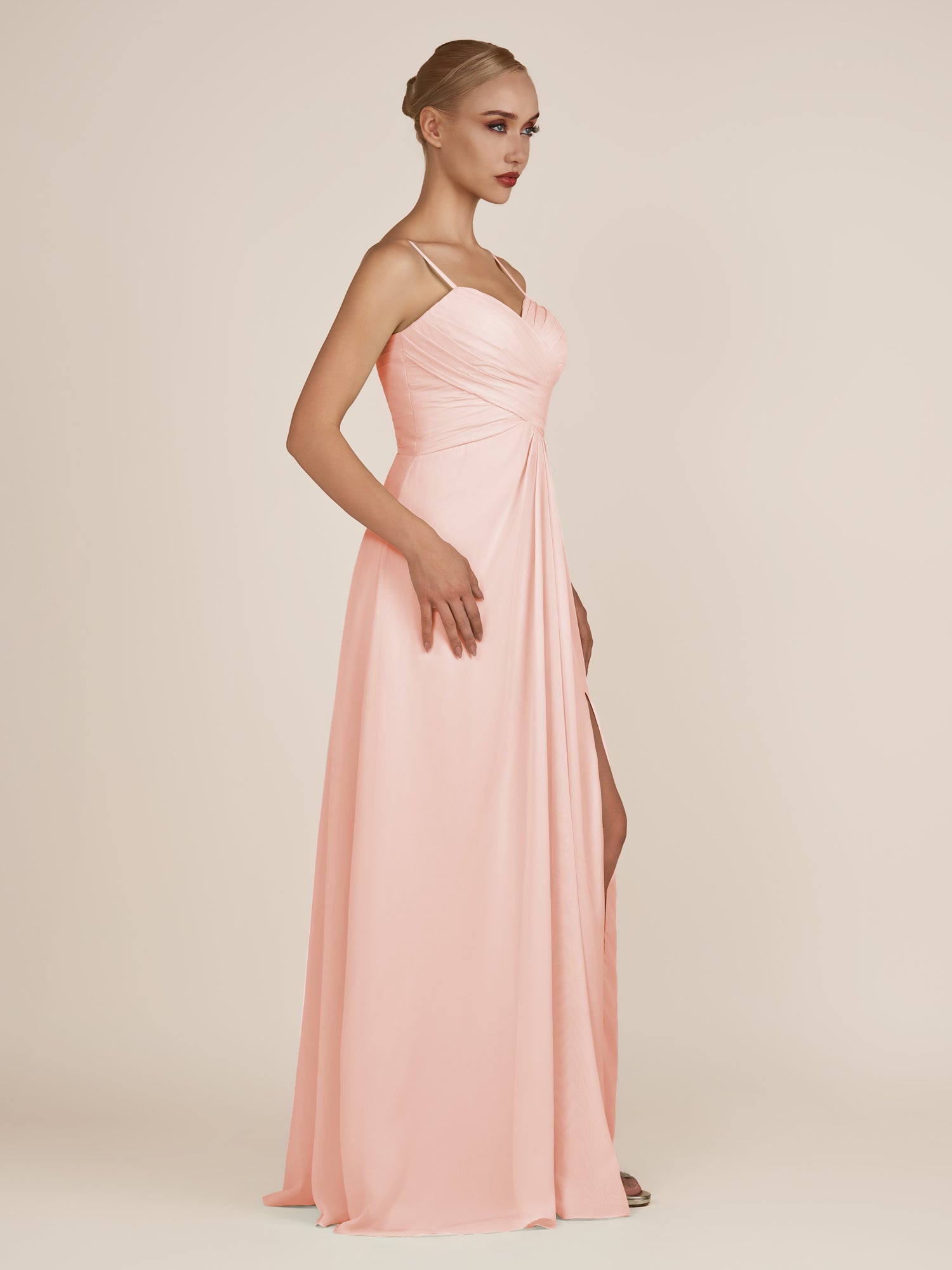 KissDress-Ysolina Rose Petal A Line Sweetheart Chiffon Pleated Long Bridesmaid Dress with Slit