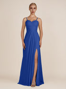 KissDress-Ysolina Royal Blue A Line Sweetheart Chiffon Pleated Long Bridesmaid Dress with Slit