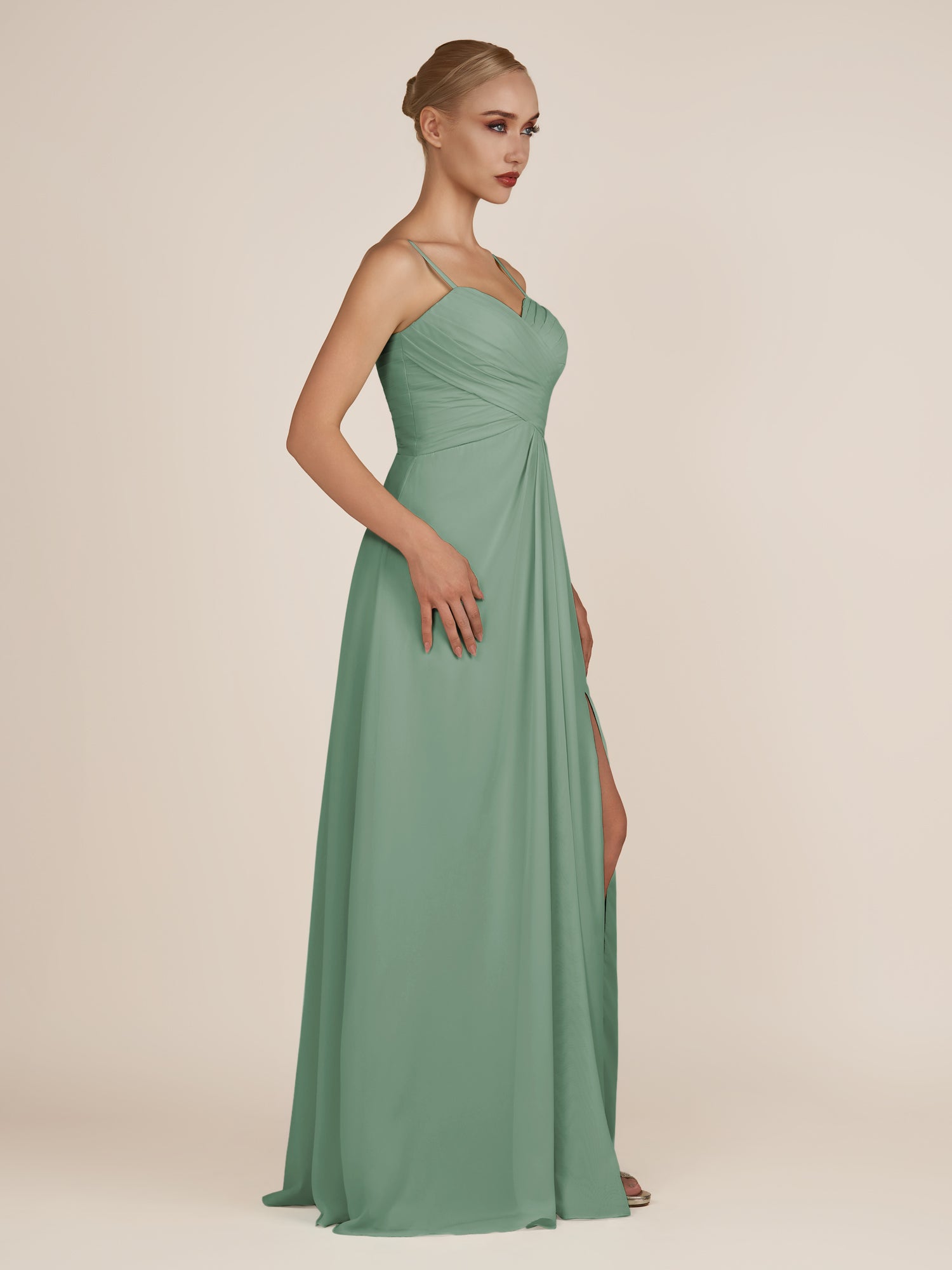 KissDress-Ysolina Sea Glass A Line Sweetheart Chiffon Pleated Long Bridesmaid Dress with Slit