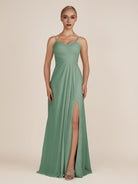 KissDress-Ysolina Sea Glass A Line Sweetheart Chiffon Pleated Long Bridesmaid Dress with Slit