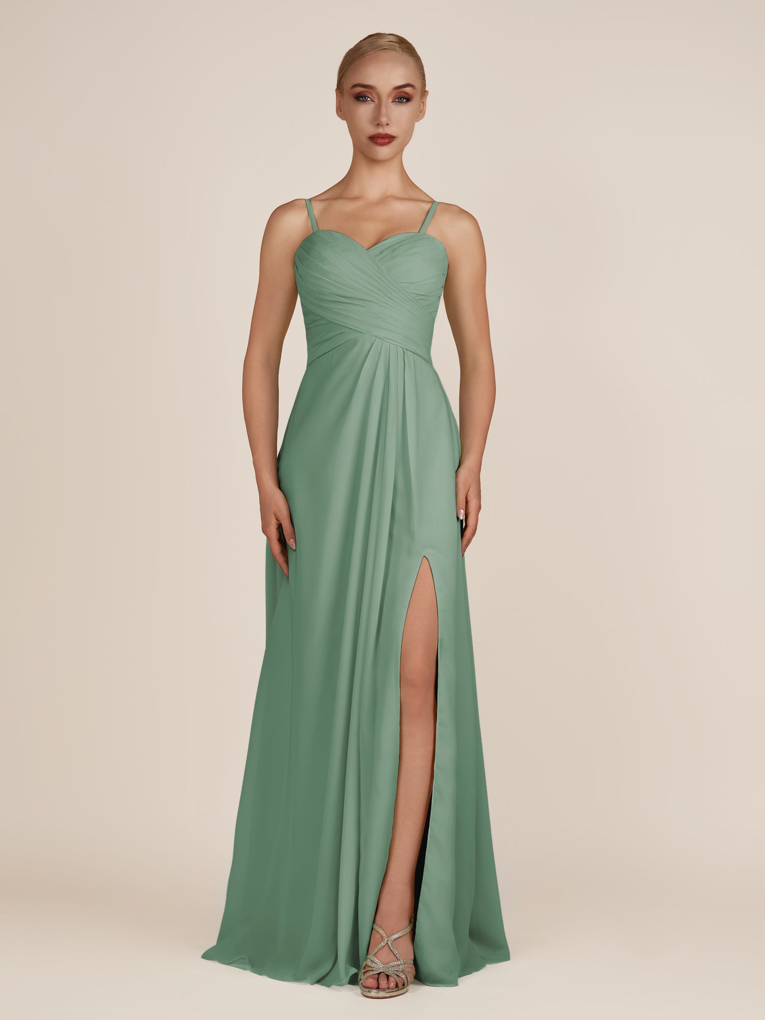 KissDress-Ysolina Sea Glass A Line Sweetheart Chiffon Pleated Long Bridesmaid Dress with Slit