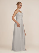 KissDress-Ysolina Silver A Line Sweetheart Chiffon Pleated Long Bridesmaid Dress with Slit