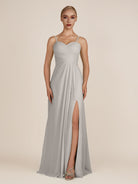 KissDress-Ysolina Silver A Line Sweetheart Chiffon Pleated Long Bridesmaid Dress with Slit