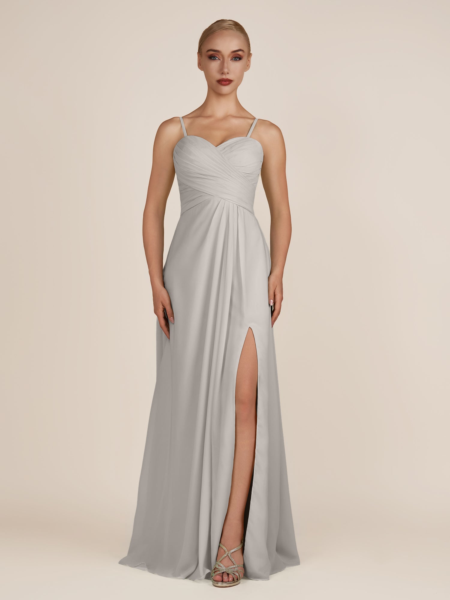 KissDress-Ysolina Silver A Line Sweetheart Chiffon Pleated Long Bridesmaid Dress with Slit