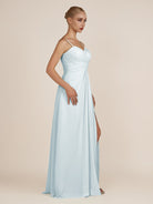 KissDress-Ysolina Sky Blue A Line Sweetheart Chiffon Pleated Long Bridesmaid Dress with Slit