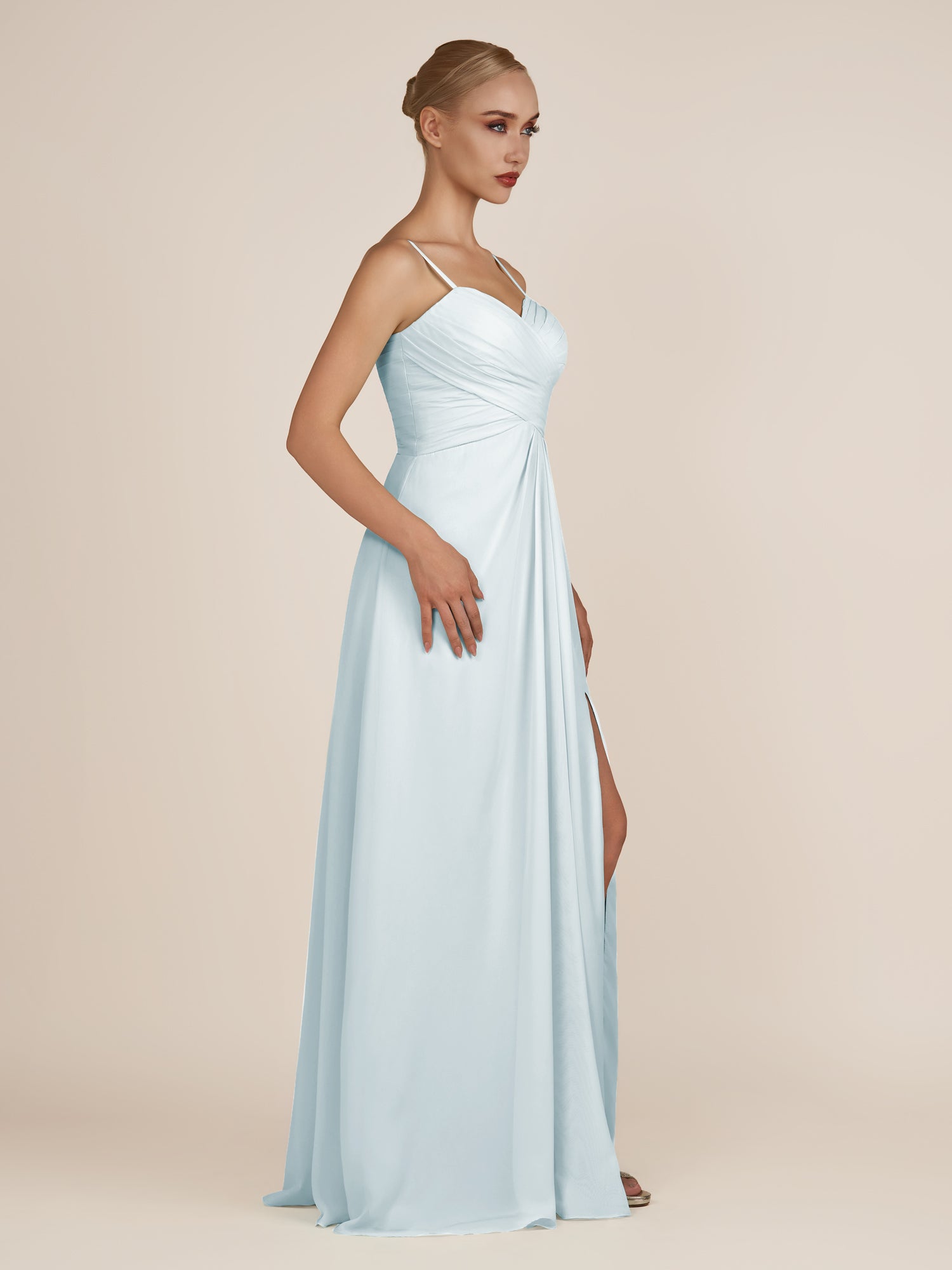 KissDress-Ysolina Sky Blue A Line Sweetheart Chiffon Pleated Long Bridesmaid Dress with Slit