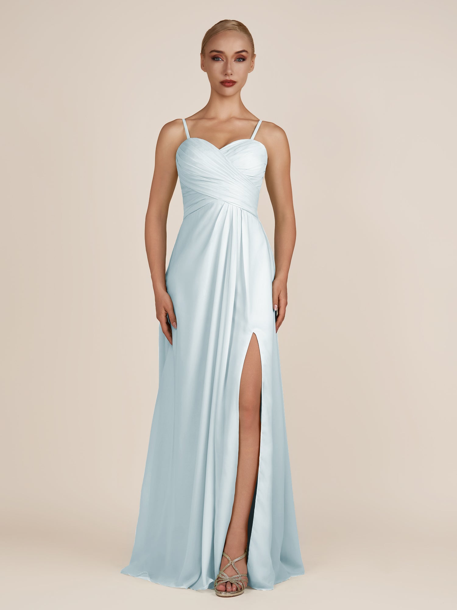 KissDress-Ysolina Sky Blue A Line Sweetheart Chiffon Pleated Long Bridesmaid Dress with Slit