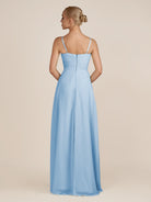 KissDress-Ysolina Steel Blue A Line Sweetheart Chiffon Pleated Long Bridesmaid Dress with Slit