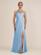 KissDress-Ysolina Steel Blue A Line Sweetheart Chiffon Pleated Long Bridesmaid Dress with Slit