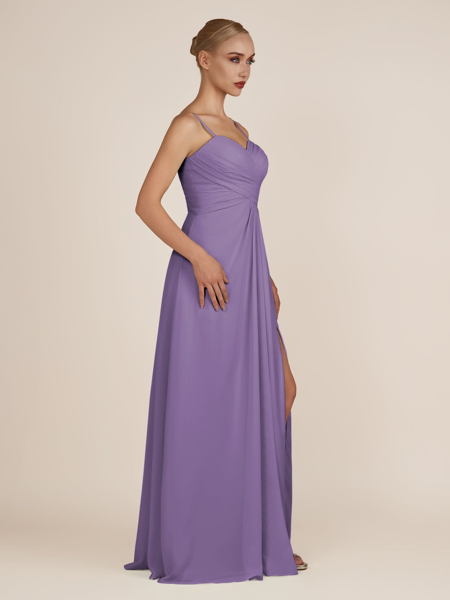 KissDress-Ysolina Tahiti A Line Sweetheart Chiffon Pleated Long Bridesmaid Dress with Slit