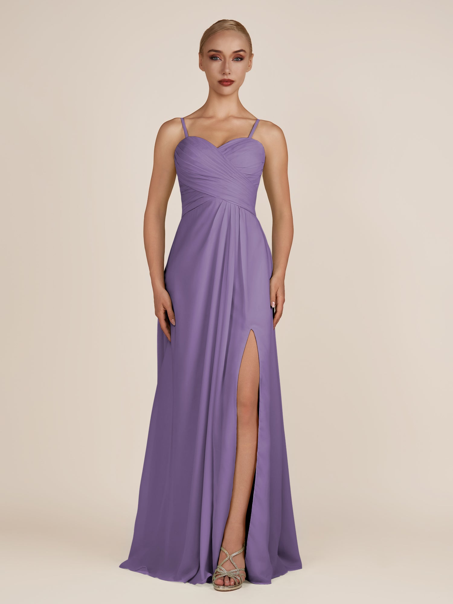 KissDress-Ysolina Tahiti A Line Sweetheart Chiffon Pleated Long Bridesmaid Dress with Slit