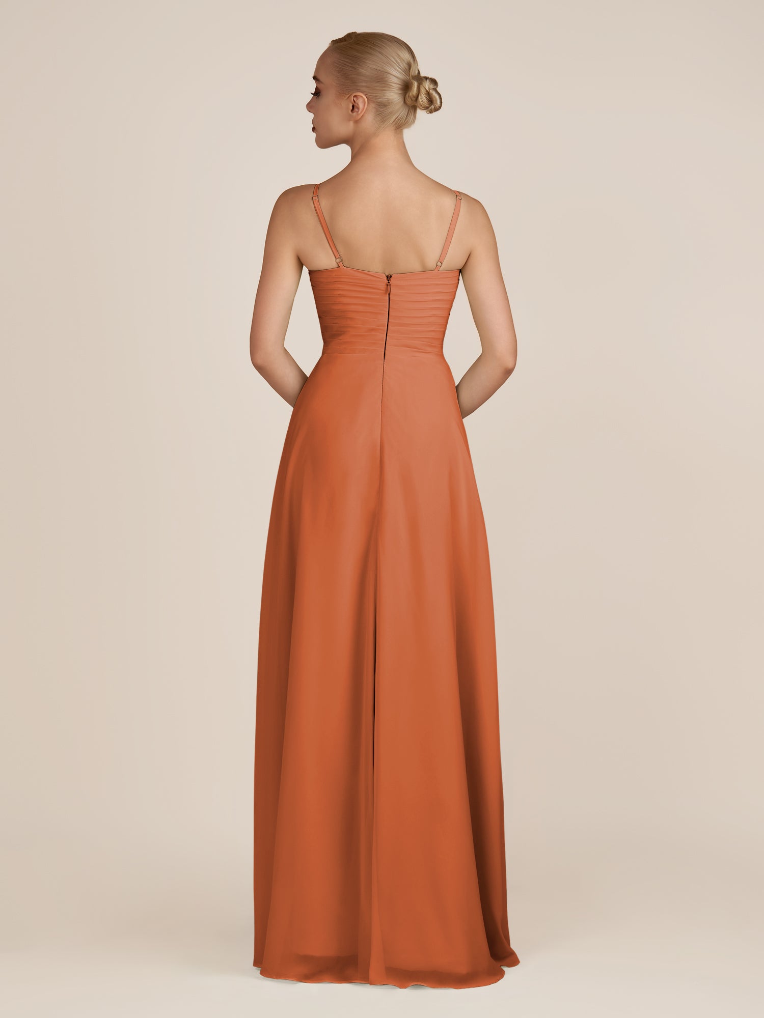 KissDress-Ysolina Terracotta A Line Sweetheart Chiffon Pleated Long Bridesmaid Dress with Slit