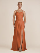 KissDress-Ysolina Terracotta A Line Sweetheart Chiffon Pleated Long Bridesmaid Dress with Slit