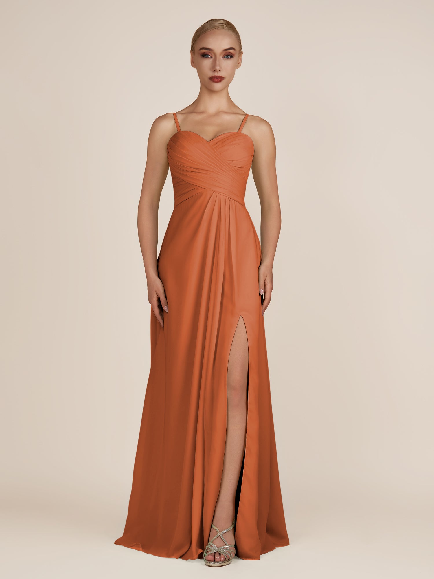 KissDress-Ysolina Terracotta A Line Sweetheart Chiffon Pleated Long Bridesmaid Dress with Slit