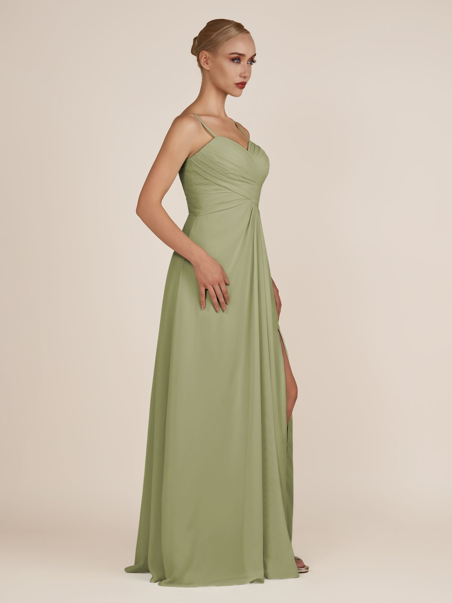 KissDress-Ysolina Thyme A Line Sweetheart Chiffon Pleated Long Bridesmaid Dress with Slit
