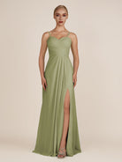 KissDress-Ysolina Thyme A Line Sweetheart Chiffon Pleated Long Bridesmaid Dress with Slit