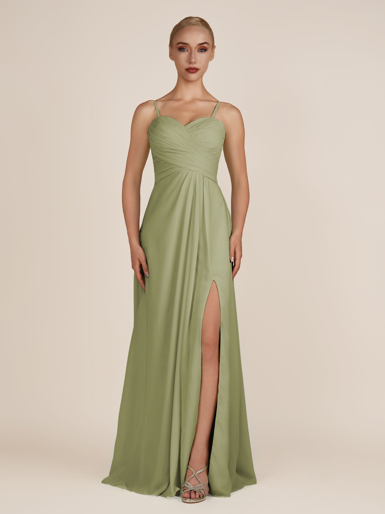 KissDress-Ysolina Thyme A Line Sweetheart Chiffon Pleated Long Bridesmaid Dress with Slit
