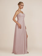 KissDress-Ysolina Toffee A Line Sweetheart Chiffon Pleated Long Bridesmaid Dress with Slit