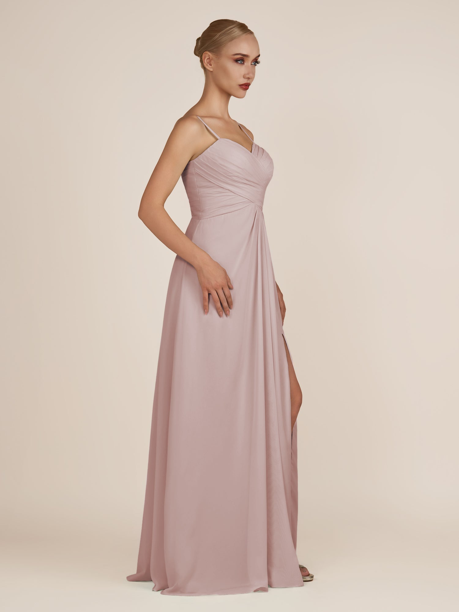 KissDress-Ysolina Toffee A Line Sweetheart Chiffon Pleated Long Bridesmaid Dress with Slit