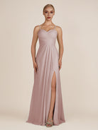 KissDress-Ysolina Toffee A Line Sweetheart Chiffon Pleated Long Bridesmaid Dress with Slit