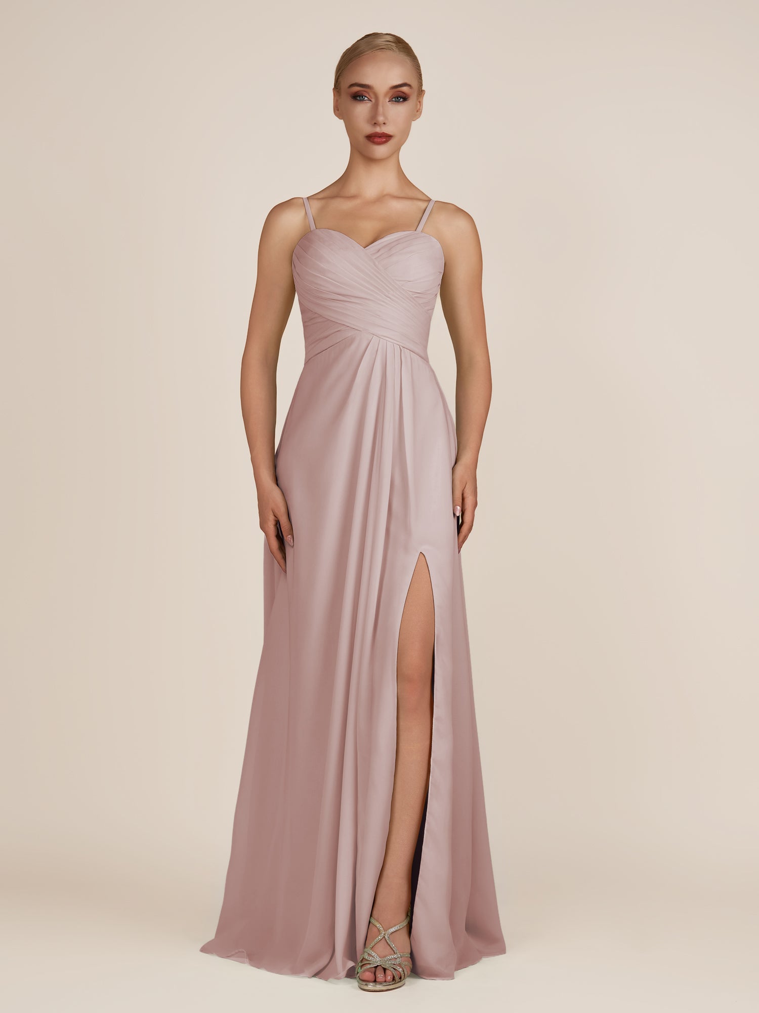 KissDress-Ysolina Toffee A Line Sweetheart Chiffon Pleated Long Bridesmaid Dress with Slit