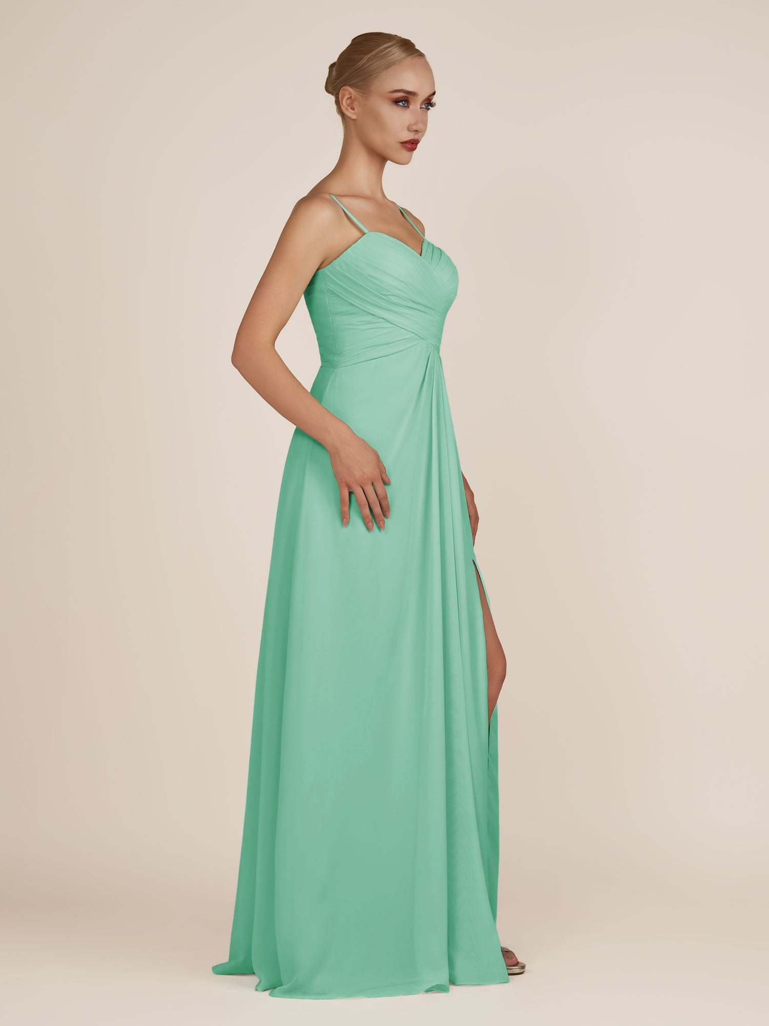 KissDress-Ysolina Turquoise A Line Sweetheart Chiffon Pleated Long Bridesmaid Dress with Slit