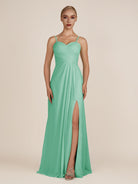 KissDress-Ysolina Turquoise A Line Sweetheart Chiffon Pleated Long Bridesmaid Dress with Slit
