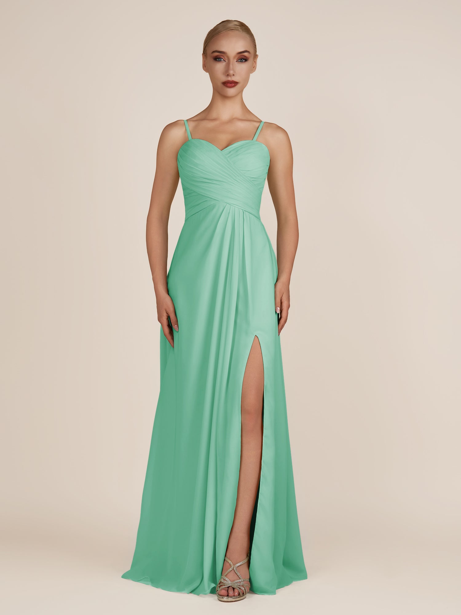 KissDress-Ysolina Turquoise A Line Sweetheart Chiffon Pleated Long Bridesmaid Dress with Slit