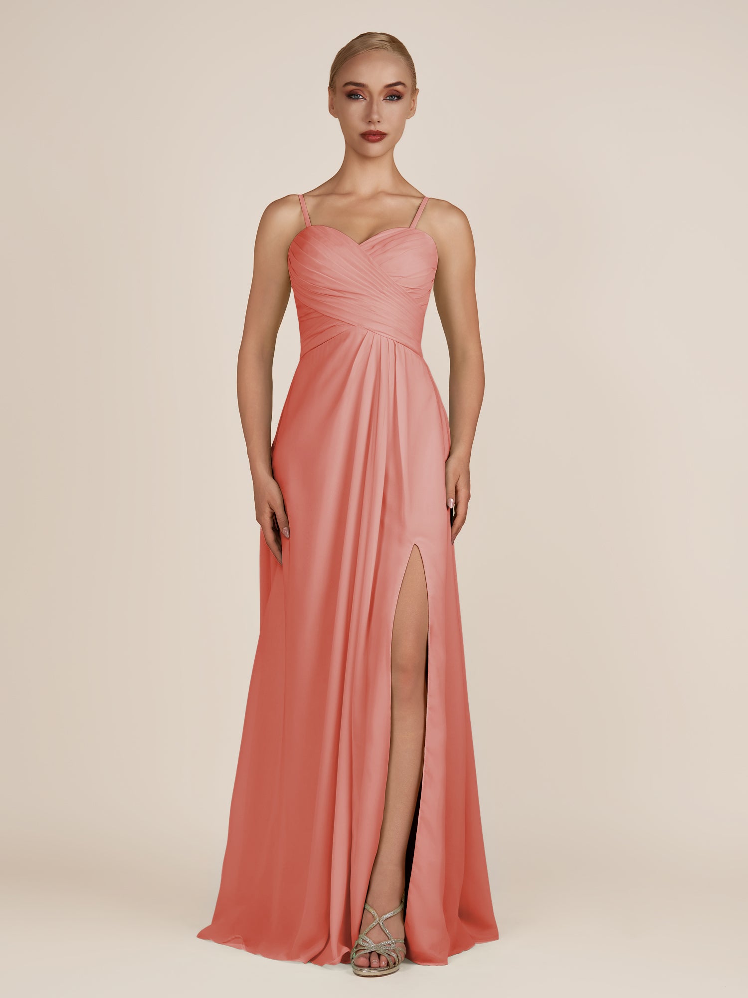 KissDress-Ysolina Wild Rose A Line Sweetheart Chiffon Pleated Long Bridesmaid Dress with Slit