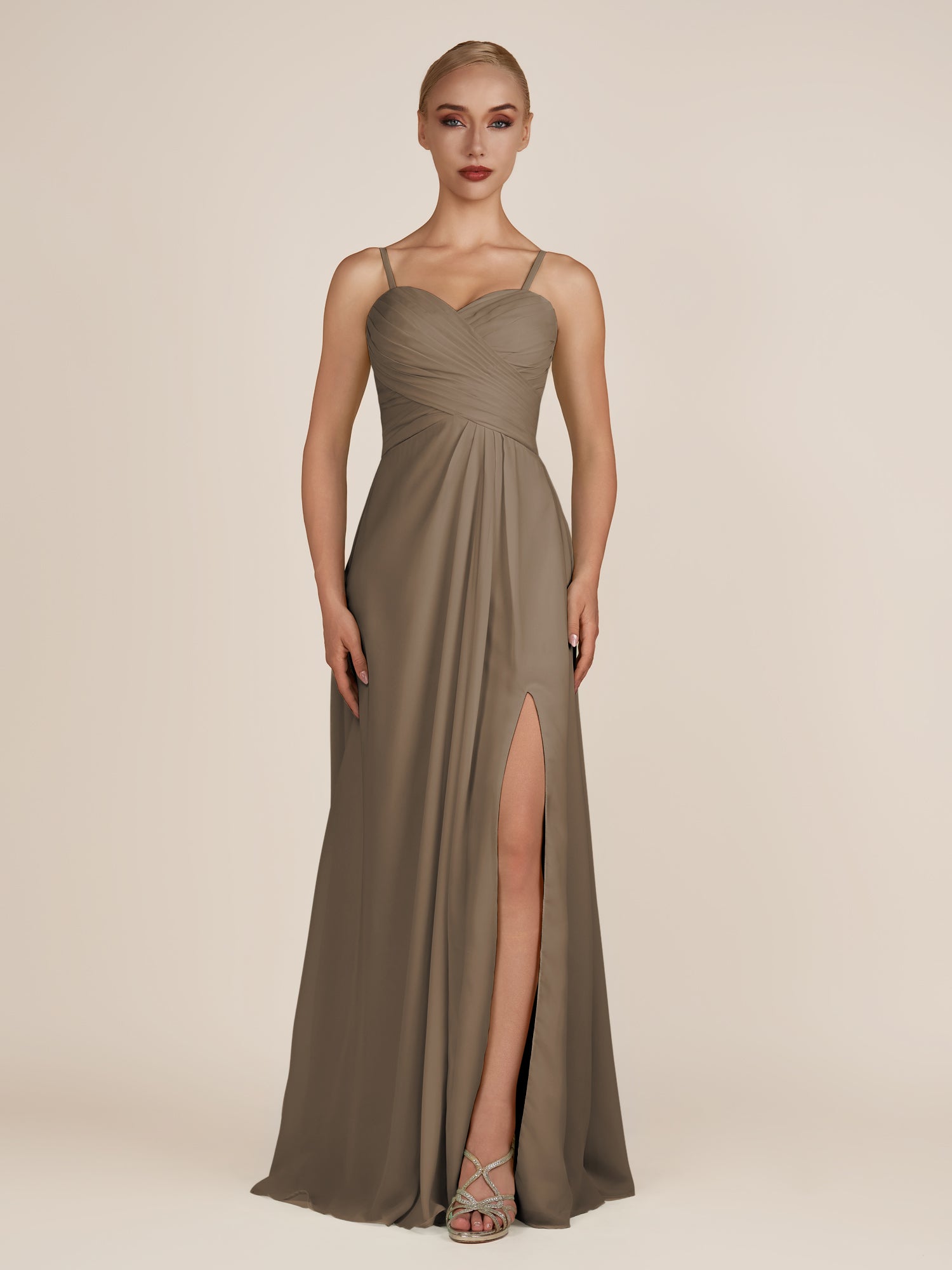 KissDress-Ysolina Willow Green A Line Sweetheart Chiffon Pleated Long Bridesmaid Dress with Slit