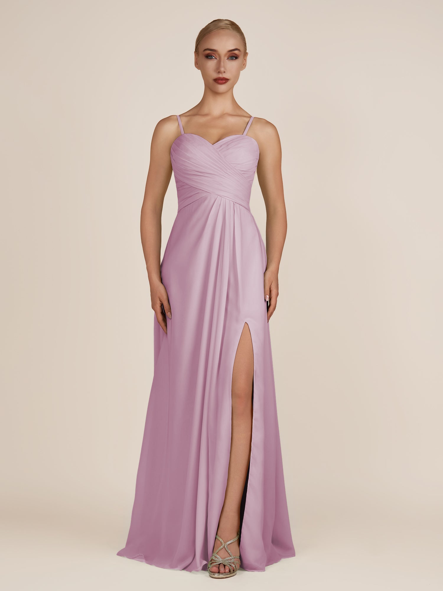 KissDress-Ysolina Wisteria A Line Sweetheart Chiffon Pleated Long Bridesmaid Dress with Slit