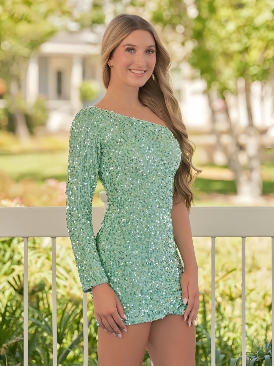 Gwendolyn | Sage Green Sheath One Shoulder Sequined Homecoming Dress - KissProm