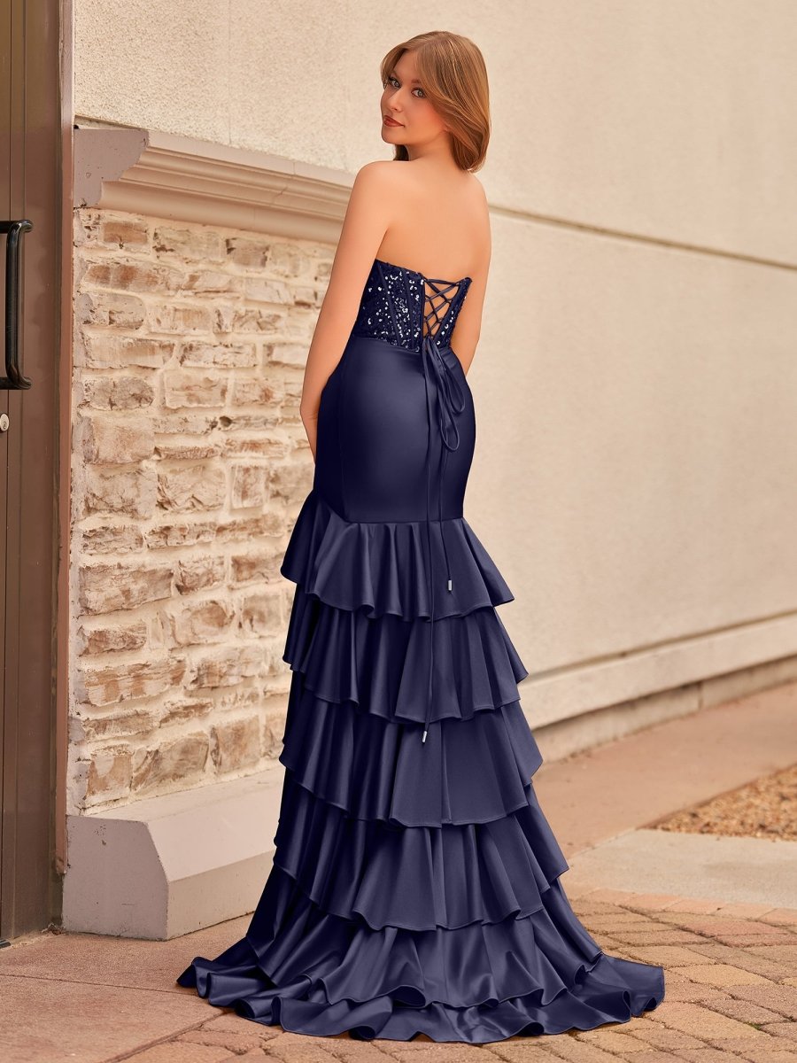 Yvonne | Charming Mermaid Strapless Pink Satin Long Prom Dresses with Appliques - KissProm