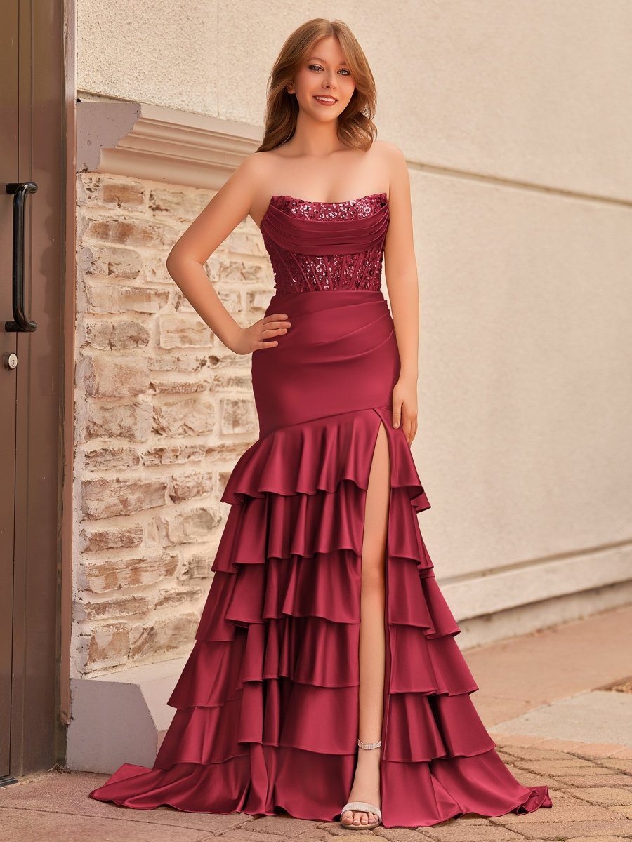 Yvonne | Charming Mermaid Strapless Pink Satin Long Prom Dresses with Appliques - KissProm