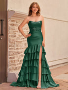 Yvonne | Charming Mermaid Strapless Pink Satin Long Prom Dresses with Appliques - KissProm