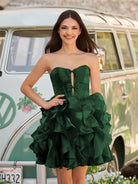 Zafrina | Dark Green - A Line Strapless Corset Ruffles Short Homecoming Dresses with Bows - KissProm