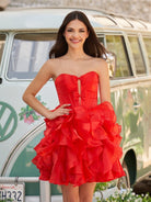 Zafrina | Red - A Line Strapless Corset Ruffles Short Homecoming Dresses with Bows - KissProm